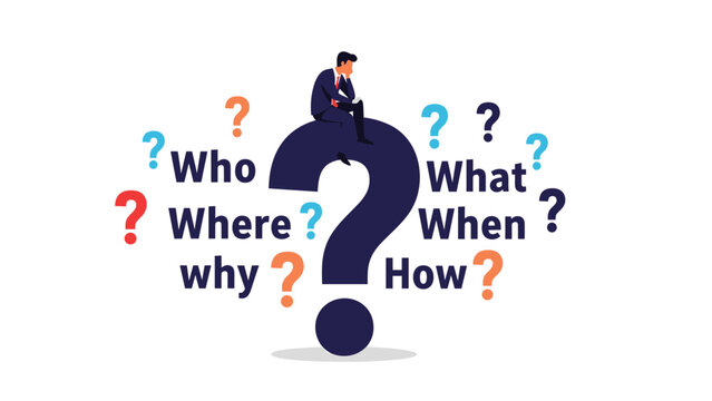 Thoughtful man sits on a giant question mark surrounded by various inquiry words to plan his next strategic business move.
