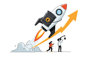 Naklejka premium Large rocket with oil barrel attached blasts off alongside a rising gold arrow, representing skyrocketing fuel prices and energy market growth.
