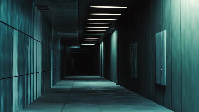 Dark futuristic corridor with glowing light sources creating a mysterious atmosphere and leading to an unknown depth, evoking concepts of journey, discovery, and the future