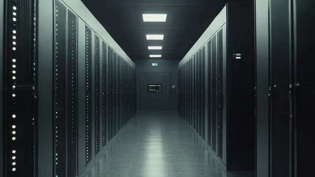 Data center corridor with long rows of server racks extending into the distance, emphasizing technology infrastructure, cloud computing, and digital storage
