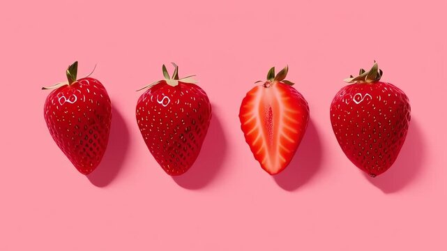 Fresh Strawberries Spinning and Flipping Against Pink Background