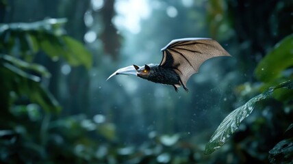 A dramatic nighttime image of a bat swooping through a misty forest, with eerie lighting and a sense of motion.