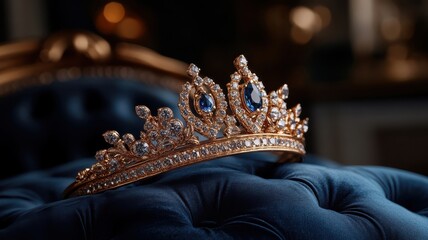 Close-up of a golden crown with diamonds and sapphires on velvet cushion.