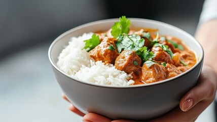 Close-up of curry bowl with meat and vegetables, garnished with herbs, served with rice.