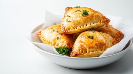 Pierogies isolated on a clean white background, emphasizing their shape and texture.