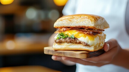 Someone holding a Francesinha, highlighting its layers of ingredients and gooey cheese up close.