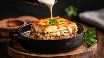 Rich b&eacute;chamel sauce being poured over moussaka, enhancing its creamy texture.