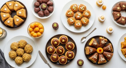Obraz premium Abundant Eid al Fitr Dessert Spread Featuring Assorted Sweet Pastries and Candies Arranged on White Plates with Natural Lighting Overhead View