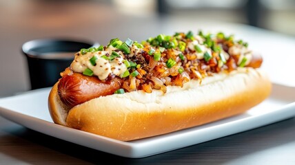 Gourmet hot dog with premium sausage, truffle aioli, caramelized onions, elegant presentation.