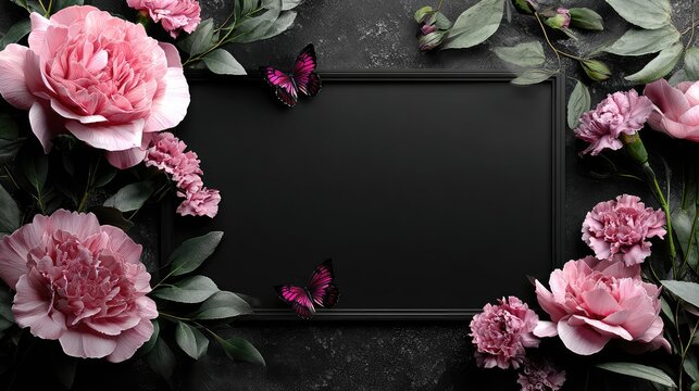 Beautiful, fresh flowers, accompanied by green leaves, are arranged on a dark tabletop, with a blank model and picture frame in the center.