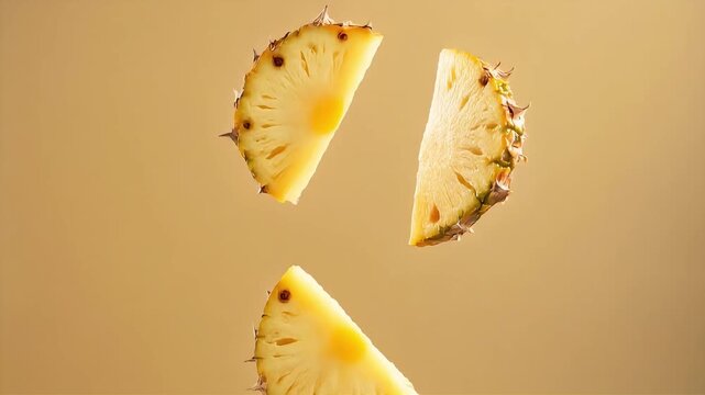 Fresh pineapple slices gliding smoothly in slow motion, highlighting juicy texture, vibrant yellow color, and refreshing tropical appeal.