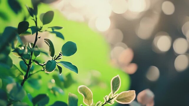 Delicate plant leaves bathed in soft morning sunlight, warm golden bokeh creating a tranquil, dreamy garden atmosphere with serene, peaceful natural glow and copy space