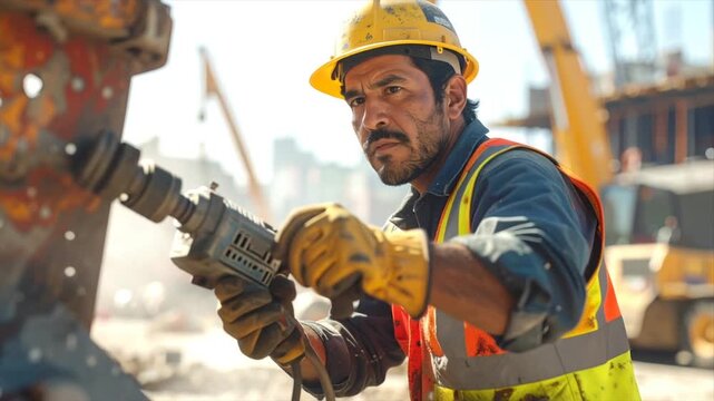 A construction worker in hardhat, safety vest, and gloves operates a drill on a sunny day
