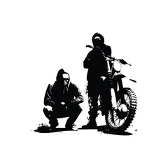 Naklejka premium Black and white illustration of a man with a dirt bike in street art style, grunge style, vintage retro style
