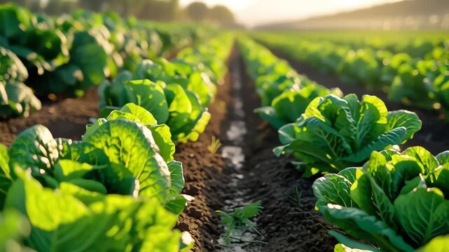 Rows of Fresh Green Cabbage Lettuce in a Sunny Agricultural Field