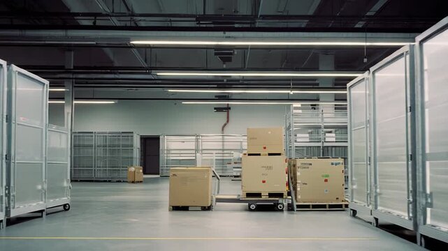 Warehouse interior featuring rows of metal storage units, a concrete floor, and cargo boxes on pallets, conveying themes of logistics and inventory management
