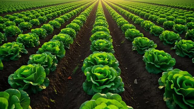 Vast Agricultural Field of Green Lettuce Rows Under Sunset Light