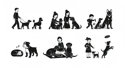 Fototapeta premium Diverse Dog Activities: People Walking, Playing, and Caring for Dogs