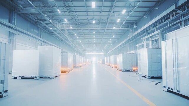 Modern distribution center interior with stacked cargo containers and neatly arranged products, symbolizing efficient supply chain management and automated storage systems preparing for shipment