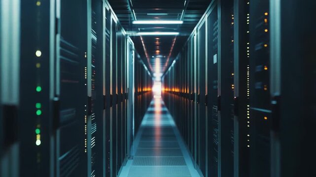 Server room corridor lined with illuminated racks and fiber optics, showcasing cloud computing infrastructure, high density servers and network hardware powering global data flows