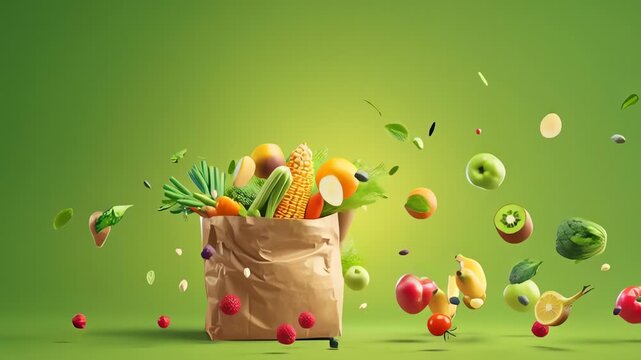 Fresh Fruits and Vegetables Floating Out of Paper Grocery Bag Green
