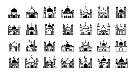 Naklejka premium Collection of Mosque Silhouettes in Black and White.