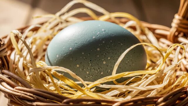 Single blue egg resting in a woven straw nest with water droplets.