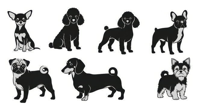 Diverse Dog Breeds Silhouette Collection: Chihuahua, Poodle, Pug, Dachshund, French Bulldog, Yorkshire Terrier