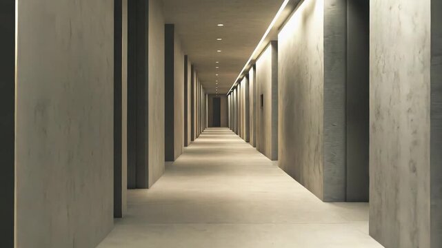Long, empty hallway created with minimalist concrete panels and uniform ceiling lighting extending into the distance, portraying an atmosphere of quiet modern architecture and design