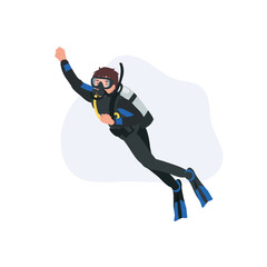 Underwater scuba diver ascending toward surface with wetsuit oxygen tank and flippers © Thidarat