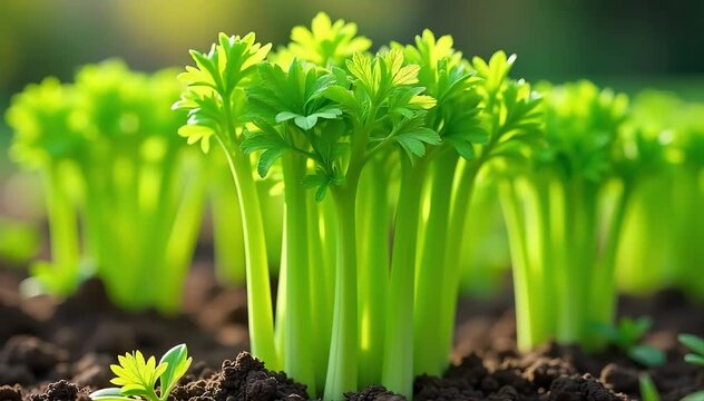 A celery plant with tall green stalks growing in dense clusters in a garden bed under sunlight 