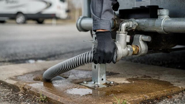 Closeup medium shot focusing on a covered singlelane dump station hose hookup the operators hands managing the connection with the surroundings gently out of focus.