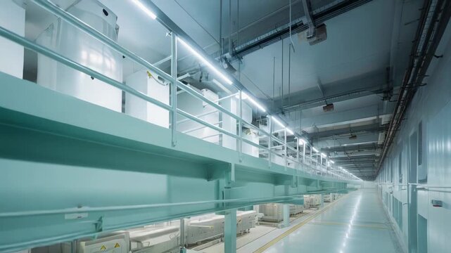 Clean industrial facility corridor showing modern manufacturing machinery and infrastructure, emphasizing technological advancement and sterile production processes in a controlled environment