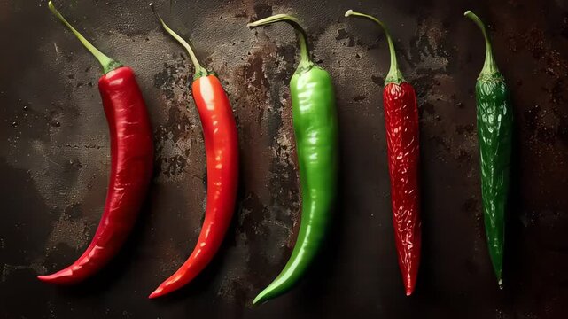 Vibrant Red and Green Chili Peppers Lined Up Low Key Still Life