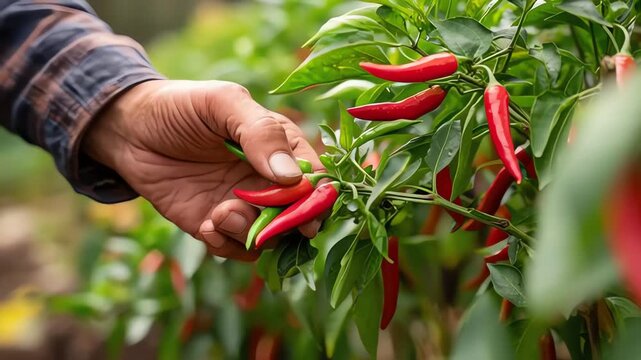 Farmer hand picking fresh red and green chili peppers close up