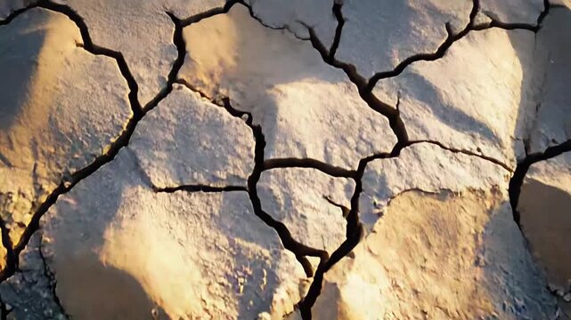 Dry, cracked earth forming a natural texture, highlighting the severe drought and desertification impacts on the land due to climate changes and arid conditions