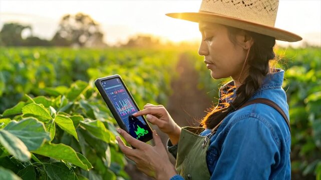 A person in a field examines data on a tablet, wearing a hat and apron