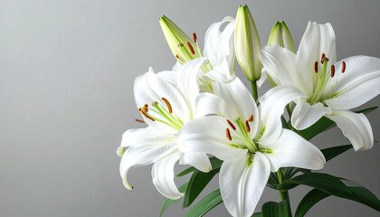 Fototapeta premium Fresh White Lilies Bloom Elegantly Against a Soft Gray Background Symbolizing Purity and Renewal.