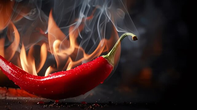 Red Hot Chili Pepper in Flames and Smoke Fiery Spice Against Dark Background