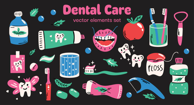 Dental care themed vector sticker elements set. Collection of cute funky illustration of dentist cartoon oral hygiene instruments, healthcare, cleaning tools for healthy teeth