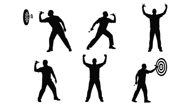 Silhouettes of Darts Players in Action, Collection of Male Athletes Throwing Darts and Celebrating Victories at the Dartboard, Isolated on White,