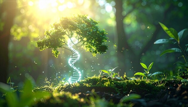 Genetic Tree of Life Symbolizing Growth Connection to Nature and Scientific Advancement in a Lush Forest Setting.