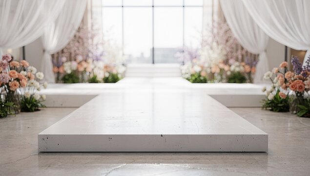 Elegant white runway platform lined with pink and lavender floral arrangements and sheer drapes. Modern fashion show stage in spacious venue with large windows overlooking garden. Luxurious event