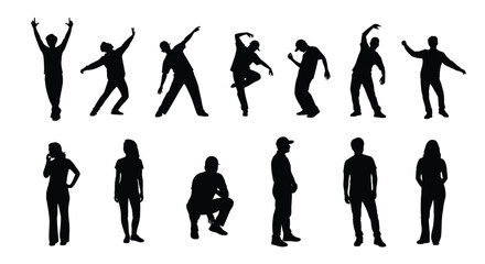 Obraz premium Silhouettes of People Dancing and Standing in Various Poses, Collection of Human Figures in Motion and Stillness for Creative Design Projects, Isolated on White Background