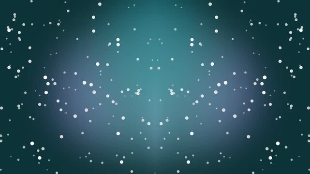 A serene celestial scene with snowflakes gently falling in a dark teal gradient night sky viewed from a close-up perspective