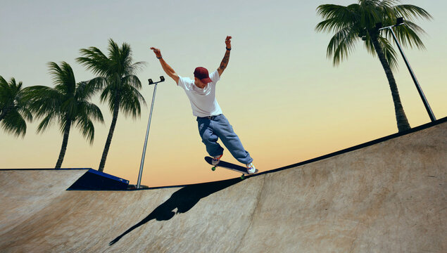 Skateboarder doing a trick in a skate park on sunset.