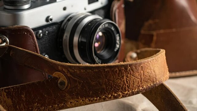 An old camera in leather case, with textured strap. Focus on lens & strap details