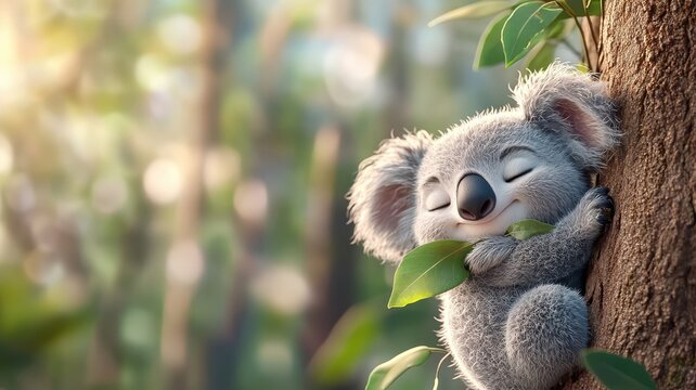 Playful koala munching on eucalyptus leaf.