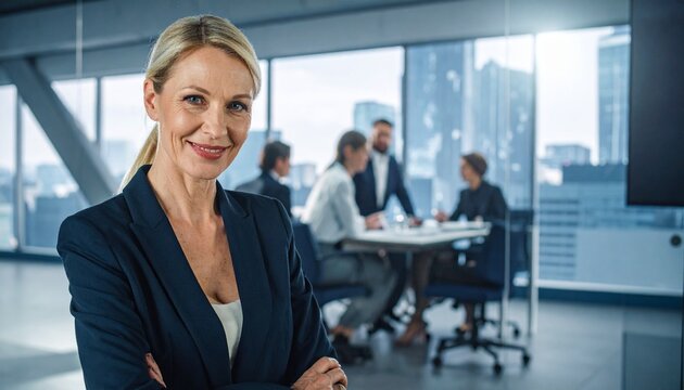 Confident businesswoman in modern office with team meeting behind strong leadership and teamwork environment.