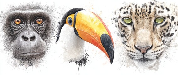 Fototapeta premium Highly refined depictions of the faces of an ape, a toucan, and a leopard